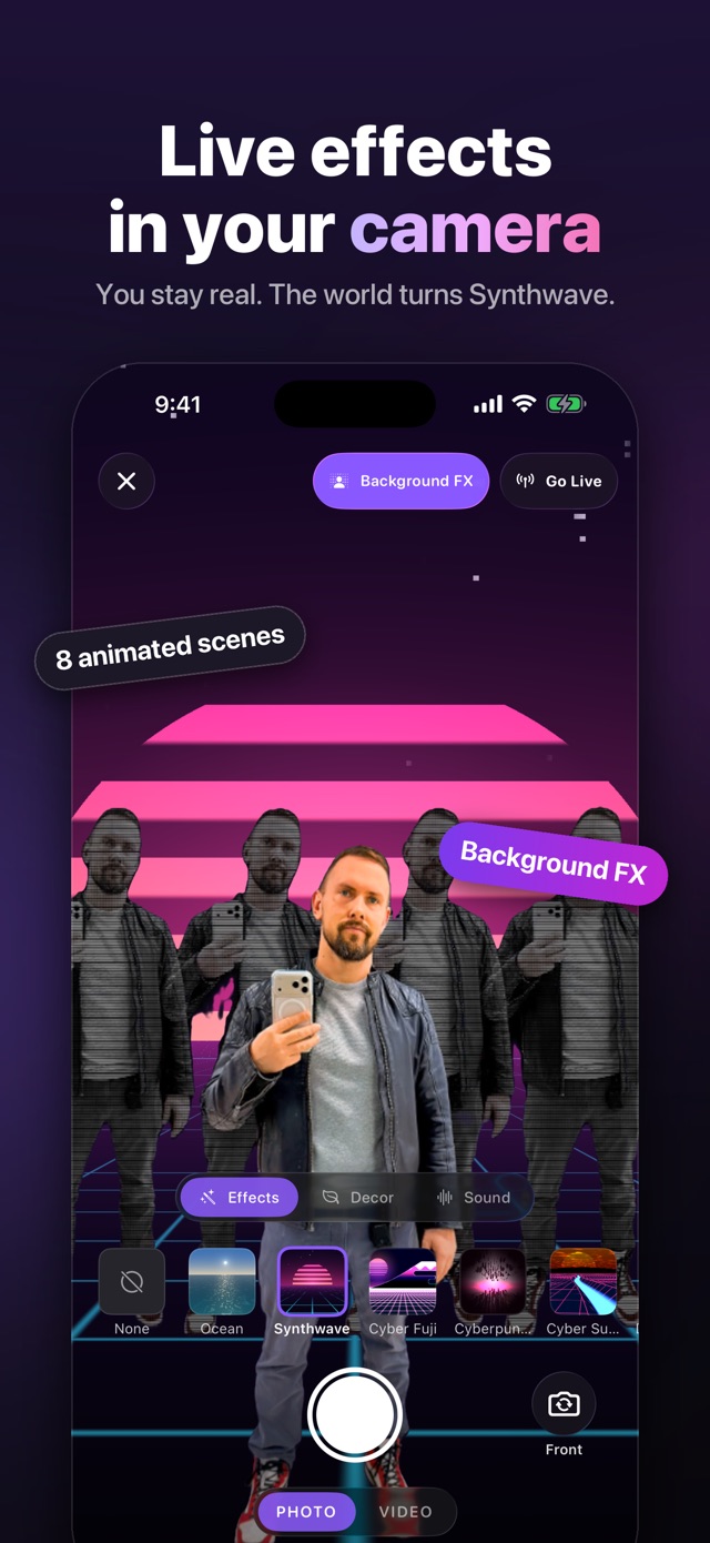 Live camera with Background FX and an animated Synthwave scene